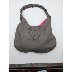 Fox Racing Grey Embossed Logo Hobo Bag Pink Interior Braided Chain Strap Womens